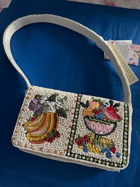 White Hand-Beaded Floral & Fruit Shoulder Bag